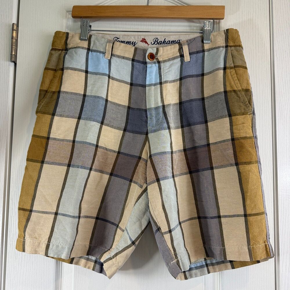 Tommy Bahama Men's Linen Modal Blend Shorts Multicolor Plaid Checkered Size 34